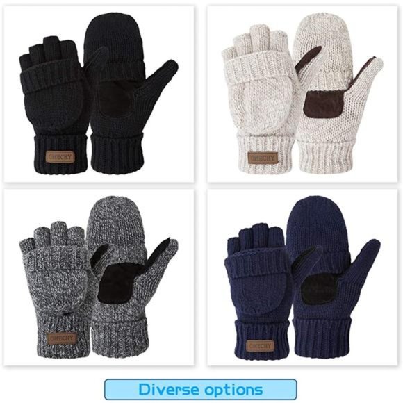 OMECHY Winter Knitted Fingerless Gloves Thermal Insulation Warm Convertible
